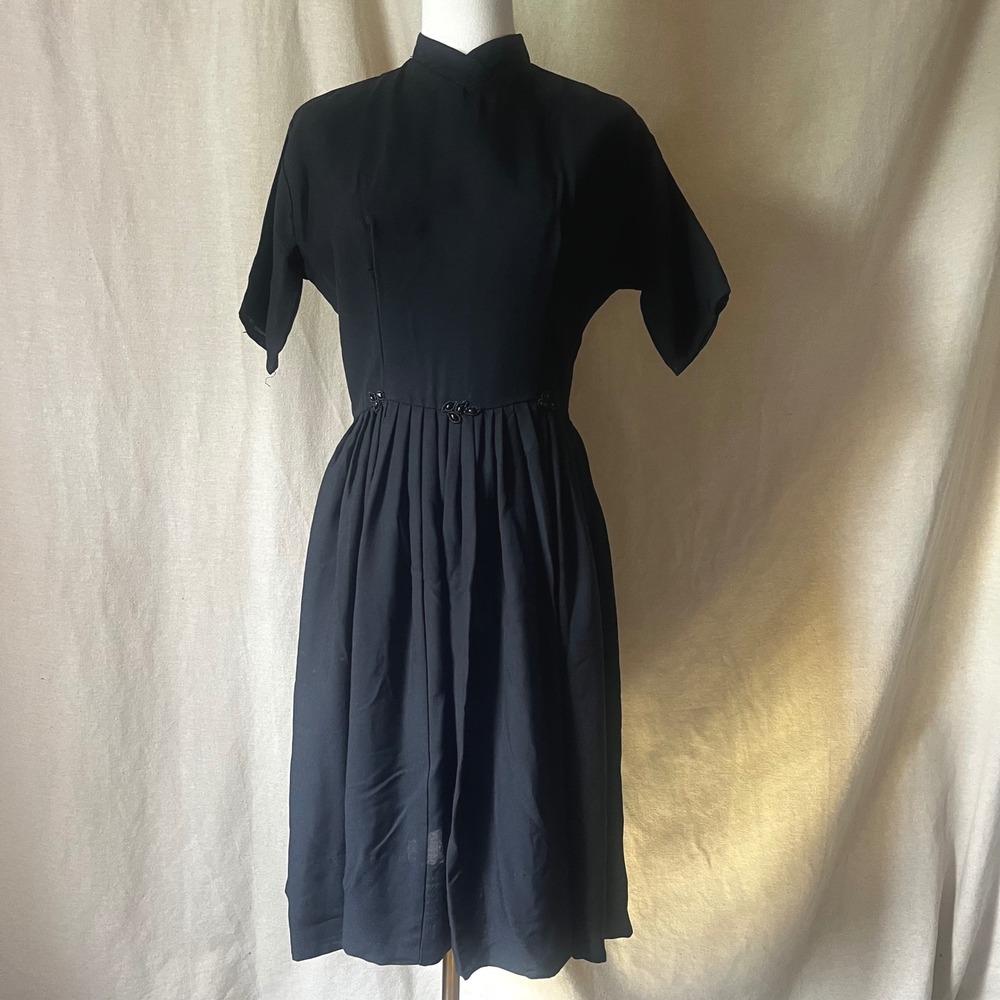 Vintage 1950s Black Fit Flare Dress Beaded Waist Stand Collar XS/S